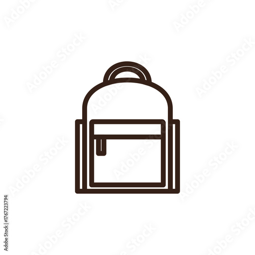 line art of backpack. It features a main body in a light orange or peach color with dark brown outlines. There's a handle at the top and a rectangular front pocket