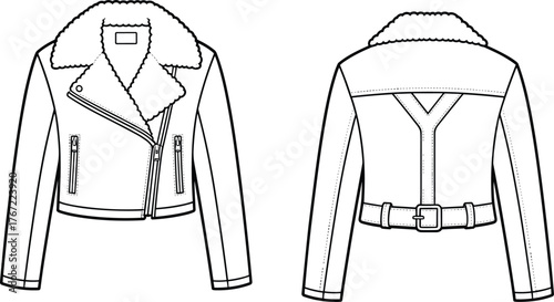 Women’s shearling biker jacket technical sketch, asymmetrical zipper, belted waist, front and back view, cad drawing flat vector illustration