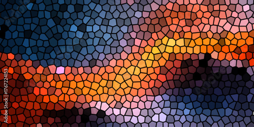 A vibrant, seamless mosaic pattern of bright, multicolor squares creates an abstract background texture