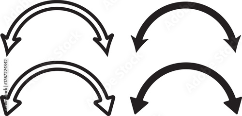 dual sided curve arrow icon set. Double headed curved arrow symbol. Semicircular curved.  Dual arrow sign. Dual sided arrow vector, icon,  long double ended arrow. Dual semi circle arrow set