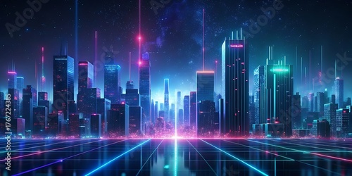 Futuristic neon city skyline with glowing digital data streams and vibrant light trails at night.
