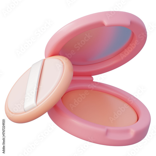 Pink makeup compact with powder applicator open to reveal mirror