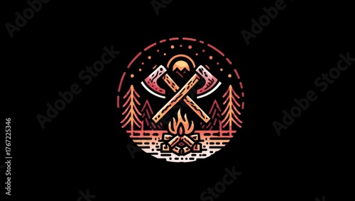 Crossed axes near campfire and pine trees with sun and mountain.