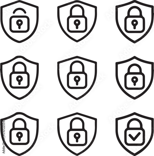 Secure your data with confidence using these modern security shield icons, perfect for illustrating privacy, protection, and trust in tech and business