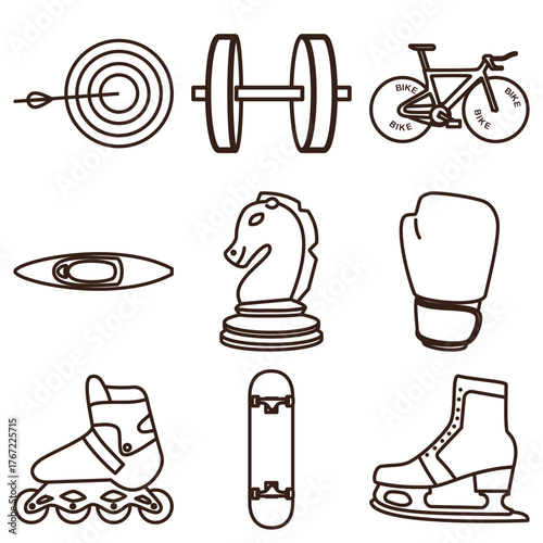 line art set of archery target, dumbbell, road bike, kayak, chess knight, boxing glove, inline skate, skate board, ice skate