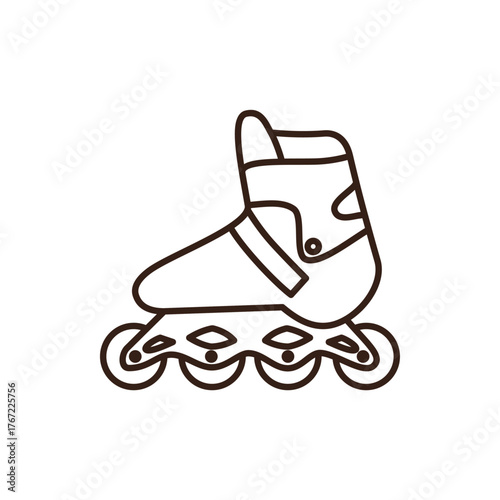 line art of pink rollerblade with a grey frame, pink wheels, and an orange and light green cuff, outlined in dark brown.
