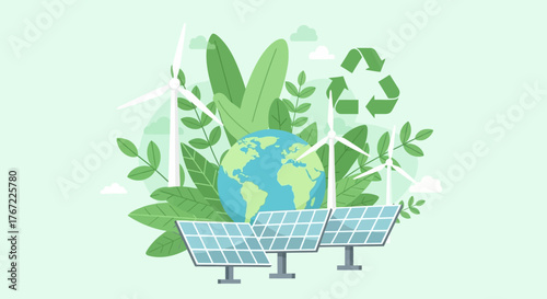 Renewable Energy and Sustainability Vector Illustration — Solar Panels, Wind Turbines, and Green Earth