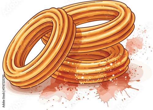Watercolor Churro Rings – Artistic Dessert Illustration with Golden Texture