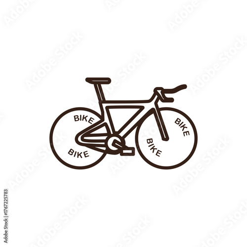 line art of road bicycle with a pink frame, dark brown handlebars, seat, and pedals. It has yellow wheels with the word "BIKE" written multiple times around their circumference in dark brown text.