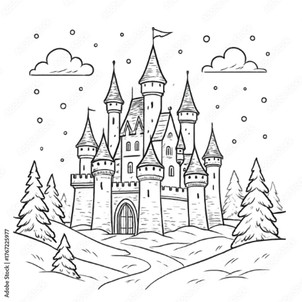 Fototapeta premium Detailed line art of a fairytale castle in a snowy landscape with trees and clouds.