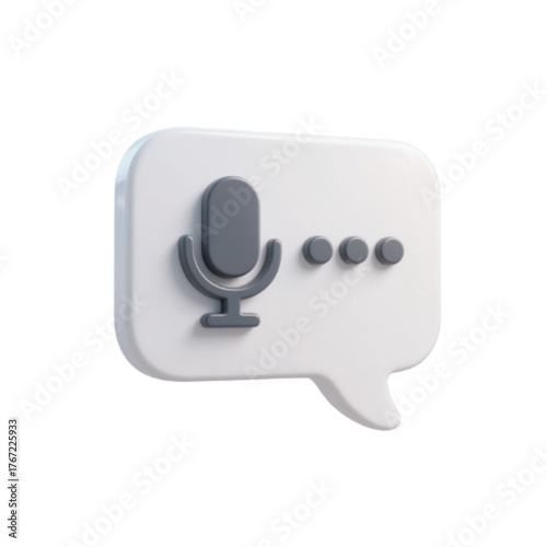 3D rendered white speech bubble icon with a dark gray microphone and ellipsis, representing voice messaging or audio input.