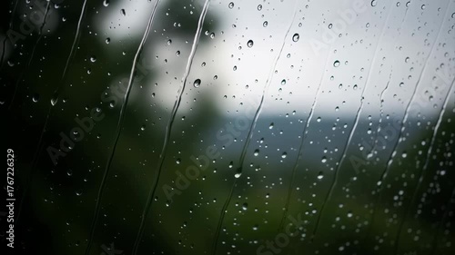 Raindrops Cascade Down Glass: Serene Window View on a Rainy Day