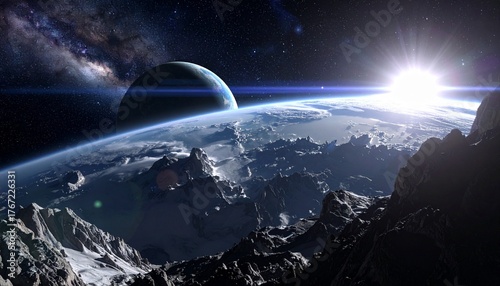A breathtaking view of a distant planet's icy surface with a sun rising over its curved horizon, casting light on a smaller moon in the background.