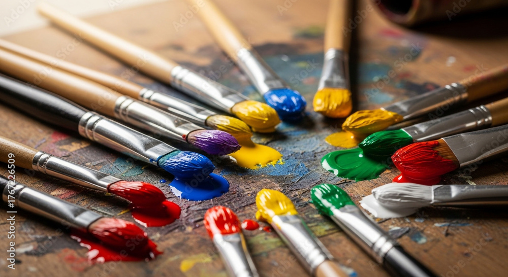Obraz premium Close-up of numerous paintbrushes with vibrant colorful paints on their tips, arranged in a circle on a textured wooden palette.
