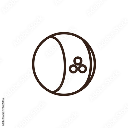 line art of This image displays a stylized bowling ball. It is depicted as a sphere with two distinct colored sections: one side is a light grey or off-white, and the other side is red