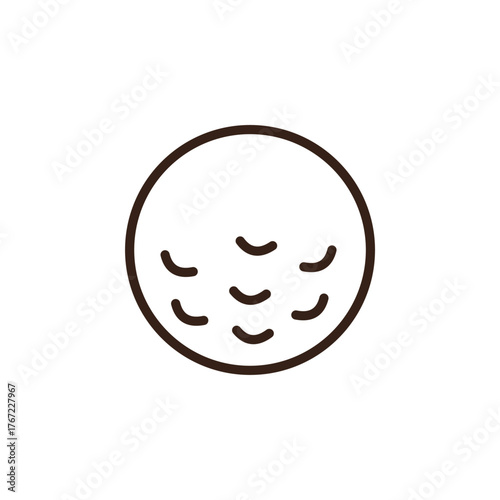 line art of golf ball. It is a light cream or off-white colored sphere with several small, dark brown, crescent-shaped markings scattered across its surface, representing the dimples of a golf ball