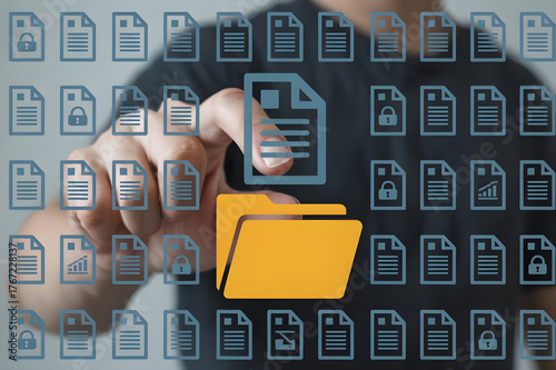 Hand Interacting with Digital Interface Featuring Blue Documents and Yellow Folder Icon
