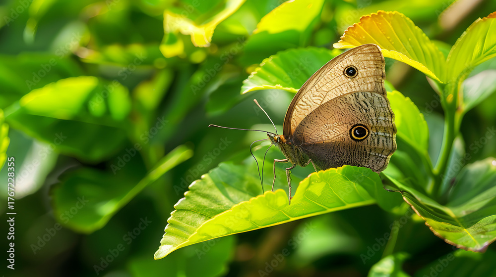 Fototapeta premium Butterfly perched on green leaf