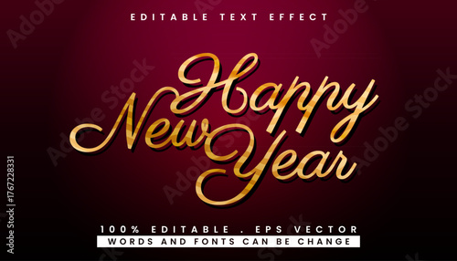 Elegant Happy New Year greeting in a golden cursive script. Editable 3D text effect vector template for holiday celebration design