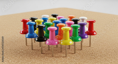 Wallpaper Mural A cluster of colorful pushpins standing upright on a light brown corkboard surface with a blurred background. Torontodigital.ca