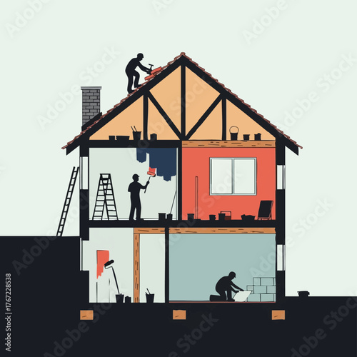 Illustration showing the interior of a house under renovation, with workers painting, building, and repairing different parts of the structure.