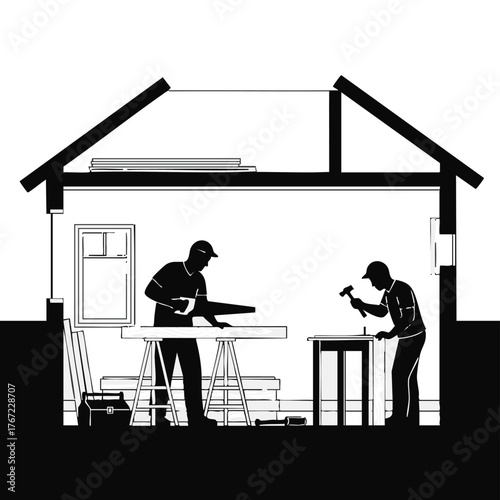 Two construction workers are inside a house, one sawing wood and the other hammering, illustrating home renovation and carpentry.