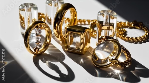 Luxurious Gold & Crystal Jewelry: Rings, Chains, and Elegant Design Display