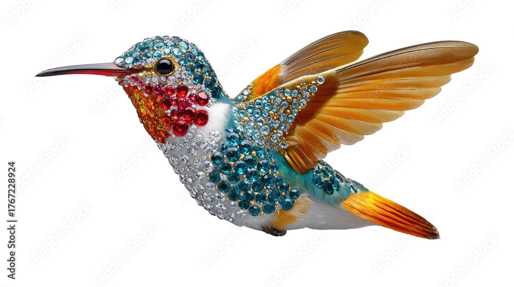 Fototapeta premium Jeweled Hummingbird in Flight: A dazzling jeweled hummingbird, wings outstretched in mid-flight, showcasing intricate detail and vibrant colors of the gems