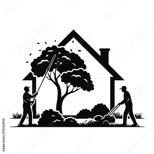 A black and white vector illustration depicts two individuals maintaining a garden with a house silhouette in the background, showcasing landscaping.