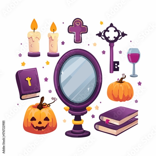 Whimsical Halloween Icon Set with Candles, Pumpkins, and Magic Objects
