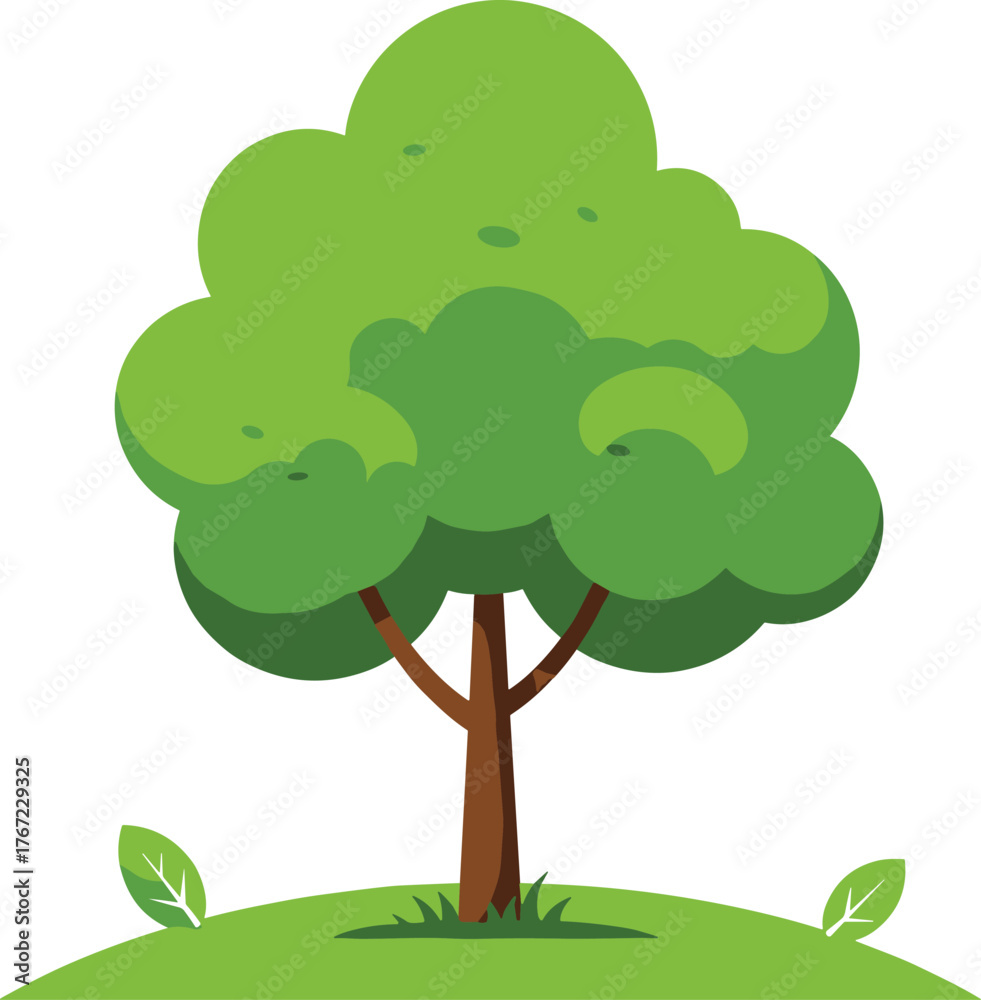 Fototapeta premium Green tree illustration on grassy hill with leaves, eco nature design, cartoon style landscape, environmental concept, spring growth, botanical clipart, vector art