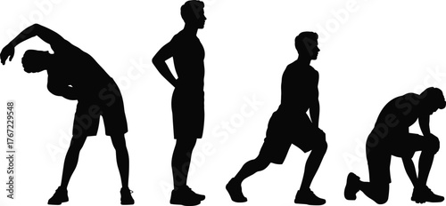 Silhouette, fitness, exercise, stretching, warmup, workout, yoga, pilates, aerobics, flexibility, health, wellness, training, lunge, balance, posture, active, lifestyle, gym, sport, body