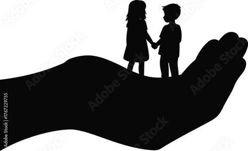 Silhouette hand holding children, protective care concept, family support illustration, child safety design, parental love symbol, trust compassion artwork, unity togetherness graphic, 