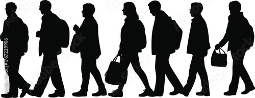 Silhouette people walking group, diverse individuals carrying bags, urban commuters in motion, black shadow figures, travel lifestyle concept, teamwork journey, modern society movement illustration