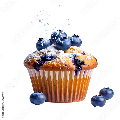 Delicious Blueberry Muffin Topped with Fresh Berries and Sugar Dust