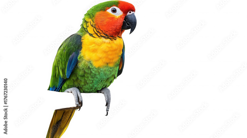 Obraz premium Colorful parrot perched on a branch against a stark black studio background on transparent background