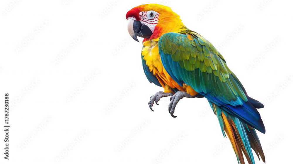 Fototapeta premium Colorful macaw parrot perched against a in vibrant detail on transparent background