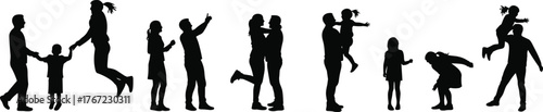 Family silhouettes, parent and child bonding, holding hands, hugging, lifting, playing, jumping, love, care, parenting, childhood, happiness, connection, relationship, support, 