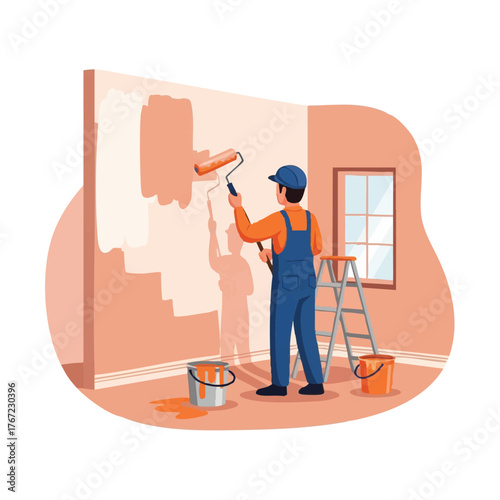 A skilled painter meticulously applies orange paint to a wall with a roller, creating a vibrant interior design within a home's living space.