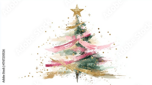 Christmas Watercolor Tree with Golden Star and Pink Ribbon, Artistic Festive Illustration on White Background, Ideal as Wallpaper, Poster for Holiday Decor and Seasonal Greetings