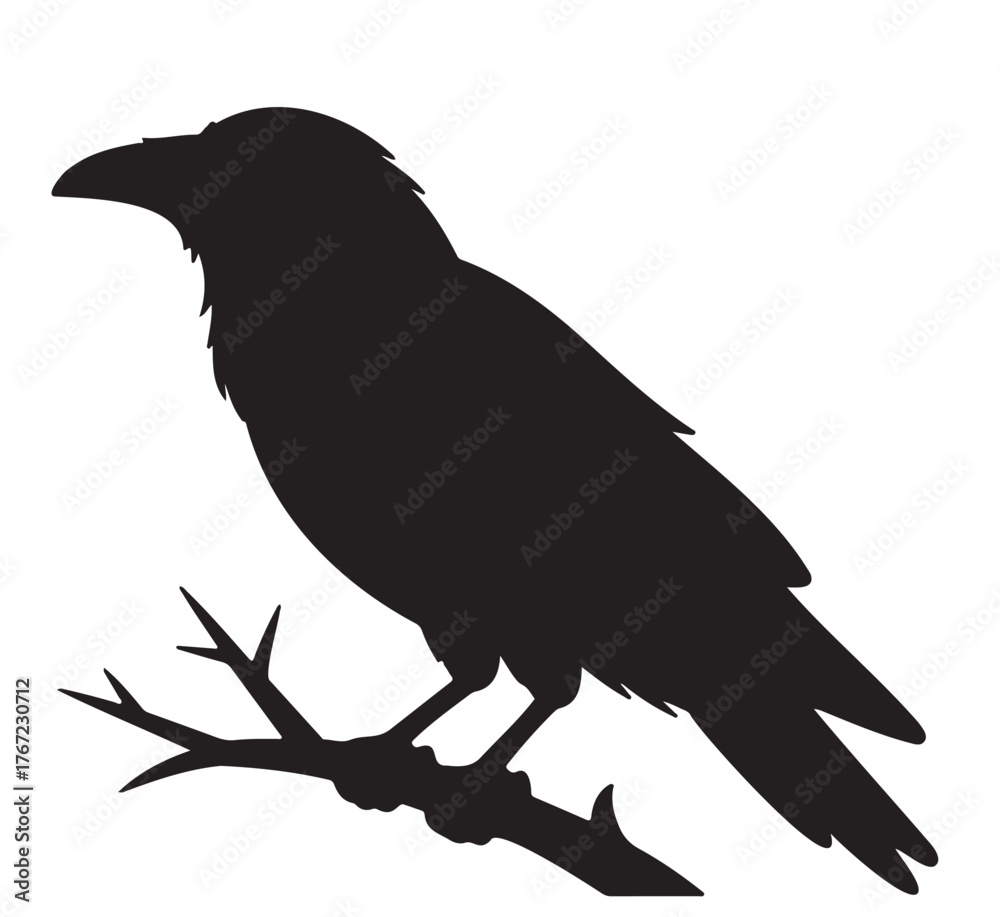Fototapeta premium Silhouette of a raven perched on a branch vector illustration for Halloween isolated on white background