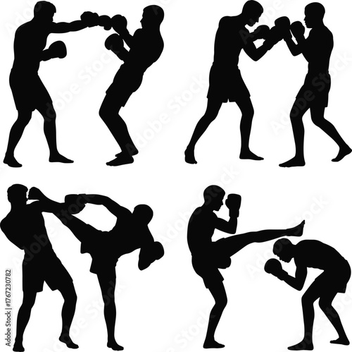 Martial arts silhouettes, kickboxing fighters, combat training poses, sparring action, self defense practice, karate stance, boxing moves, sports illustration, fitness exercise, competitive fight