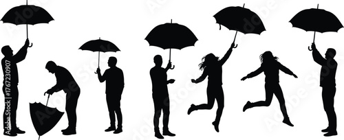 Silhouette people holding umbrellas, jumping skipping walking in rain, group of men women with umbrella poses, rainy weather lifestyle concept, black vector illustration
