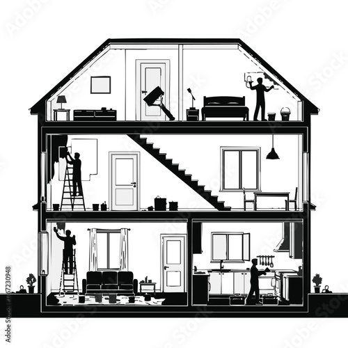 Illustration depicts a house interior with people performing various home improvement tasks such as painting and decorating different rooms.