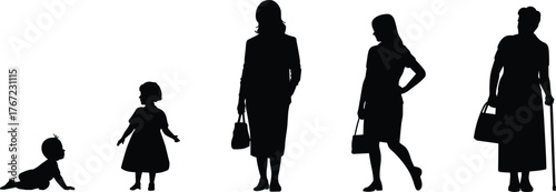 Silhouette evolution of woman life stages, baby crawling, child standing, young adult, middle aged, elderly with cane, handbag progression, aging concept illustration, vector