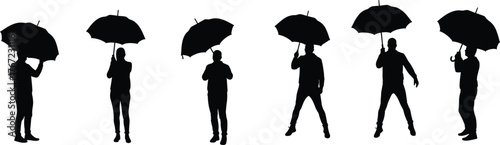 Silhouette people holding umbrellas, rainy day crowd illustration, black umbrella figures, human posture design, walking umbrella silhouettes, umbrella protection concept, urban rain scene art