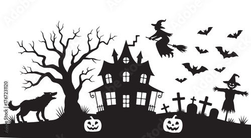 Halloween silhouette scene with haunted house witch wolf and scarecrow spooky vector illustration for holid