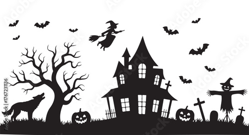Spooky Halloween silhouette scene with haunted house witch flying and howling wolf vector illustration for 