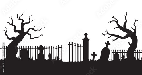 Spooky graveyard silhouette with tombstones trees and gate vector illustration for Halloween design