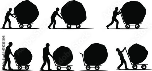 Construction worker pushing heavy load, industrial labor silhouette, man with trolley carrying large stone, hard work and physical effort illustration